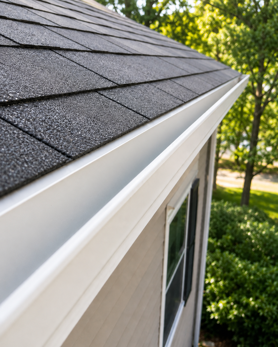 A clean white gutter and roofline on a Cedar Rapids area home after a MaxFlow gutter cleaning service