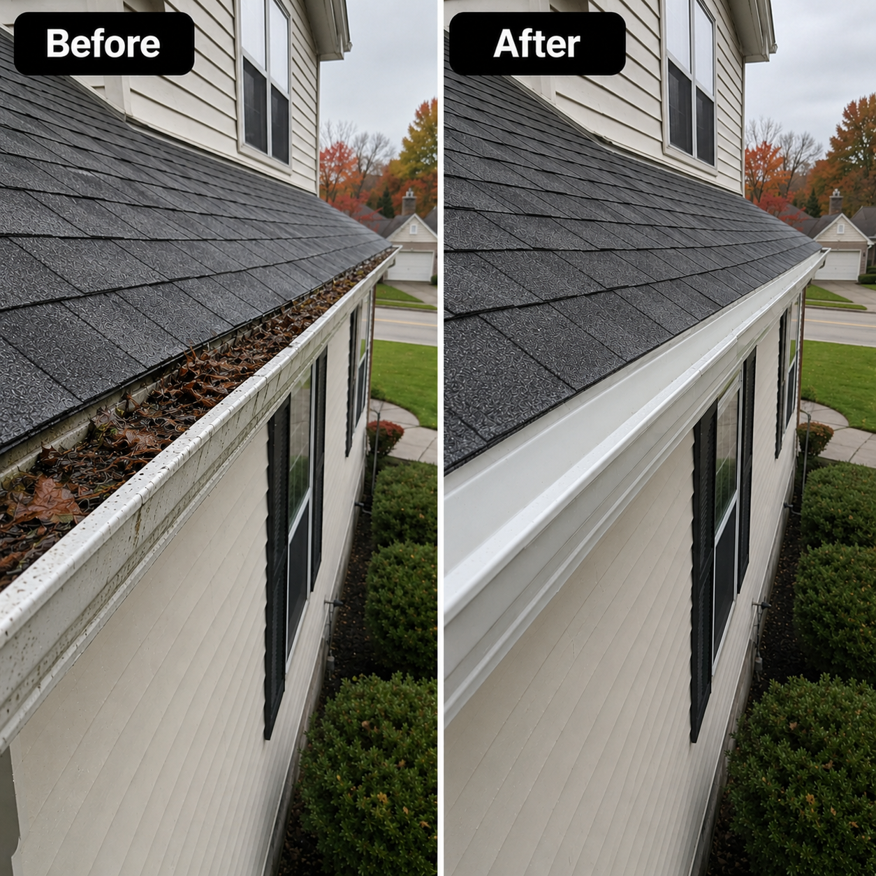 Before and after photos of a residential gutter cleaning job in the Cedar Rapids Iowa area, showing packed leaves cleared out